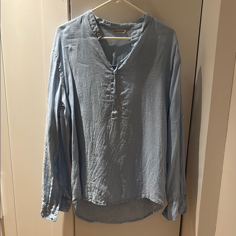 Blue Buttoned Blouse with Mandarin Collar
